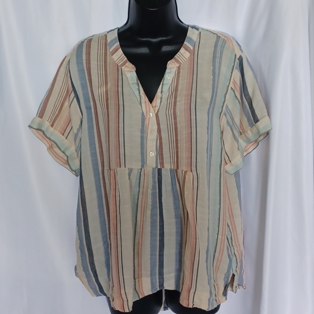 Lucky Brand Striped Button Front Blouse in Cream, Blue & Brown